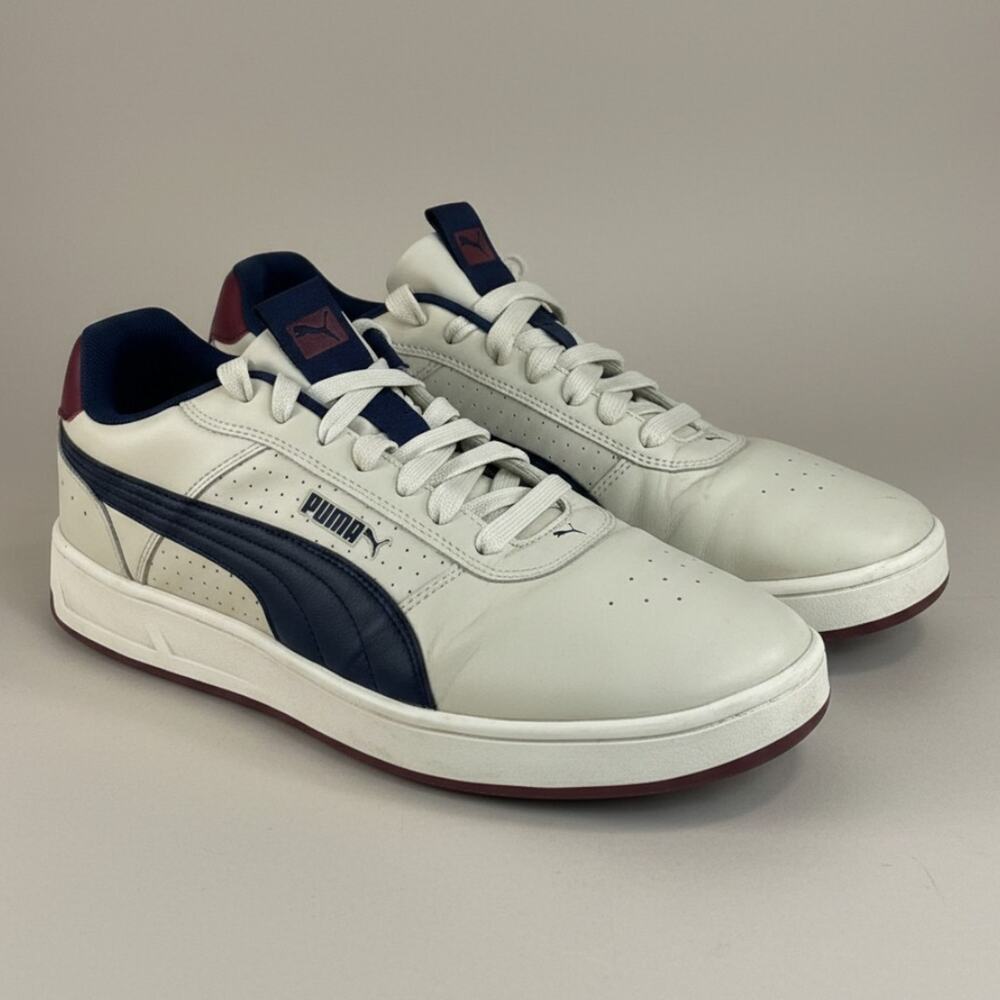 PUMA Court Ravine Men’s Size 10 White Leather Sneakers Navy Red Low Top Casual